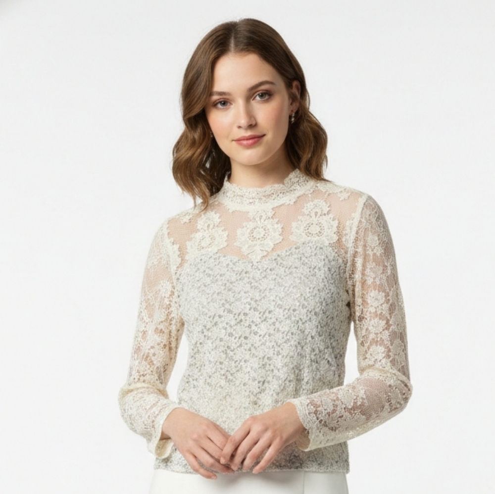 Panitti Blouse Cream Lace Sheer Fairy Boho Cropped Coquette Y2K M
